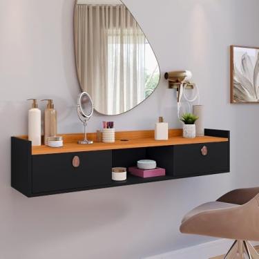 Imagem de Penteadeira suspensa para lavabo com 2 portas e conexão de cabo de 90 cm(Preto/Cinamomo)