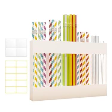 Imagem de Organizador grande de suporte de canudo de acrílico - Dispensador de canudo branco reutilizável com fita adesiva dupla face, para porta de armário de cozinha e balcão de armazenamento montado em