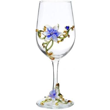 Imagem de Simcat Taças de vinho esmaltadas pintadas à mão com flores transparentes, haste para cabernet, presentes (caixa de presente única azul, 1 caixa de presente)