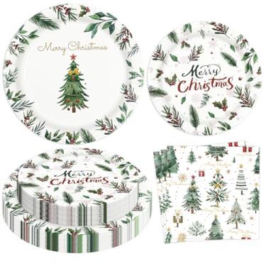 Imagem de 150 peças de pratos e guardanapos de papel de Natal, suprimentos para festa de árvore de Natal, conjunto descartável, pratos de jantar, prato de sobremesa, guardanapos de almoço, decorações de festa