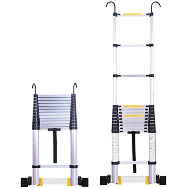 Imagem de Escada telescópica de alumínio de 2,6 m/3,2 m/3,8 m/5 m/6,2 m com ganchos e rodas, escada de extensão extra larga para sótão e edifício ao ar livre (tamanho: 5 m)