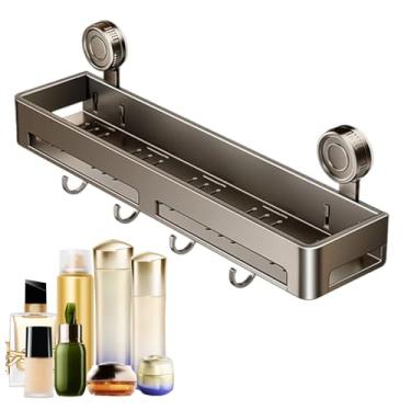 Imagem de Prateleira de chuveiro com ventosa | Prateleira de chuveiro de parede com ventosa | Suporte de parede com ganchos, sem broca, acessórios de banheiro para decoração de casa, trailer, apartamento