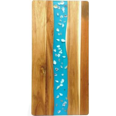 Imagem de chicapica Bandeja retangular de resina de acácia de 40,6 cm para mesa, bandeja decorativa de resina epóxi de madeira natural para mesa de centro, travessa de servir otomana retangular longa para