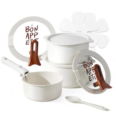 Imagem de CAROTE Conjunto de panelas e frigideiras de cerâmica antiaderentes, conjunto de panelas de cozinha antiaderentes com tampa, conjunto de 11 formas de molho com cabo removível, panela não tóxica, segura