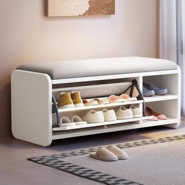 Imagem de Banco de sapateira de madeira maciça com assento estofado - Armário organizador de armazenamento de entrada com porta, 100 x 30 x 48 cm - Mobiliário doméstico elegante para sapatos, casacos e bolsas