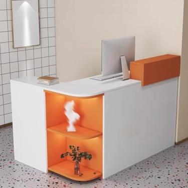 Imagem de Mesa de recepção em forma de L com grande armazenamento - balcão moderno para salão, sala de recepção ou escritório (laranja, 140 cm/55)