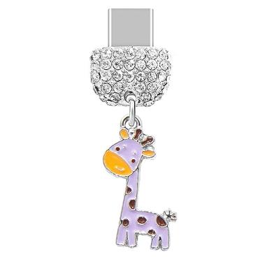 Imagem de ELISE & FONDA TP235 Tipo-C porta de carregamento USB cristal antipoeira pequena girafa pingente de celular para telefones Samsung/Huawei/OnePlus/Xiaomi/oppo Android (roxo), approx. 1.7 cm (L) x 0.2 cm