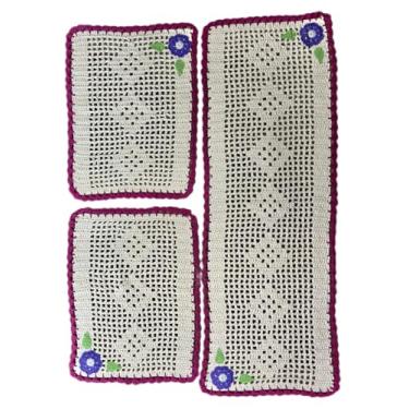 Imagem de Kit Tapete Crochê para Cozinha Retangular com Aplicação 3 Peças (Fucsia)