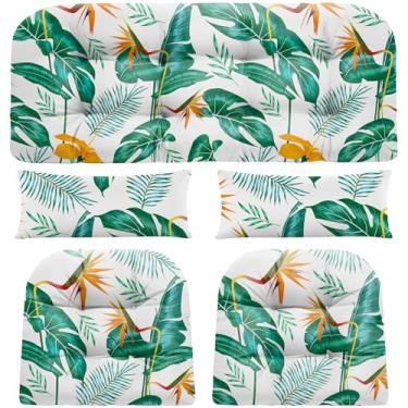 Imagem de PITCTCHIC Almofadas de vime para cadeira de 5 peças, almofada de sofá impermeável para móveis de vime, 1 almofada de assento de amor, 2 almofadas em forma de U e 2 almofadas lombares para móveis de