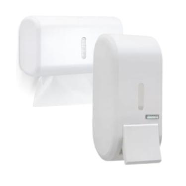 Imagem de Kit Higiene Premisse Dispenser Saboneteira 400ml + Toalheiro Papel Interfolhado Toalha Solução Completa Banheiros Comerciais Residenciais