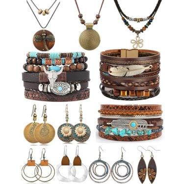 Imagem de Tondiamo Conjunto de 12 peças de joias boho para mulheres vintage boêmio conjunto de joias ocidentais com colar longo pingente brincos pendentes e pulseiras empilháveis acessórios para mulheres