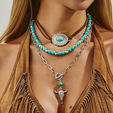 Imagem de Colar feminino turquesa ocidental, joia turquesa com pingente de cruz, colar de prata em camadas, joia de concerto country ocidental, Medium, Latão, Sem Pedra Preciosa