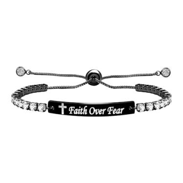 Imagem de OIDEA Pulseiras de tênis para mulheres: Faith Over Fear Presentes Inspiradores para Mulheres 3 mm Slim Retangular Zircônia Aço Inoxidável Ajustável Slider Correntes Pulseiras Joias Presentes, one size