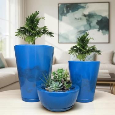 Imagem de Kit Jogo 3 Vasos Marmorizados Cone e Bacia Polietileno Planta Flor Jardim Varanda Moderno Elegante (Azul)