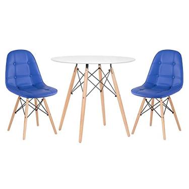 Imagem de Loft7, Mesa redonda Eames 80 cm branco + 2 cadeiras estofadas Eiffel Botonê Azul