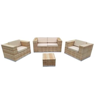 Imagem de Conjunto de Sofá e Poltronas Fibra Sintética Em Alumínio Cor Palha Linhão Bege - 1 Sofá de 2 Lugares - 2 Poltronas Individuais - 1 Mesinha