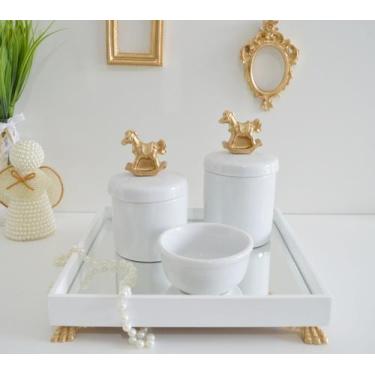 Imagem de Kit Higiene K049 Bandeja MDF Porcelanas Apliques Dourado Quarto Bebê -