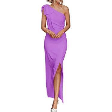 Imagem de PRETTYGARDEN Vestido longo formal de verão feminino, sem mangas, franzido, colado ao corpo, com fenda para convidada, vestido maxi, Roxo brilhante, GG