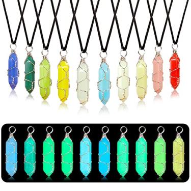 Imagem de TXIN Colar com pingente de cristal que brilha no escuro - Pedra hexagonal luminosa envolvida em fio prateado com cordão preto - Quartzo natural fluorescente de 10 cores, Small, Pedra, Sem Pedra