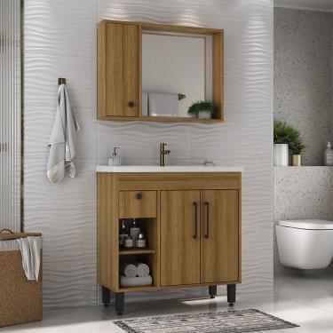 Imagem de Armário de Banheiro Patina 3 Portas 1 Gaveta com Cuba Marrom - Ozini Móveis