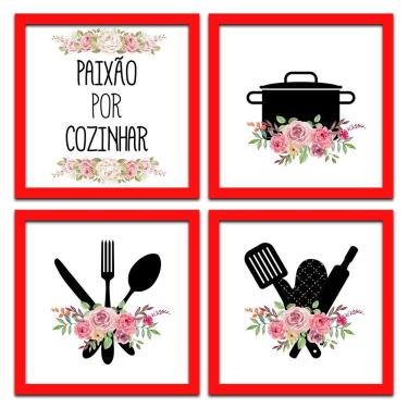 Imagem de Conjunto Quadros Decorativos 4Pç 20X20 Paixão Por Cozinhar 2 Titulo Moldura Vermelha