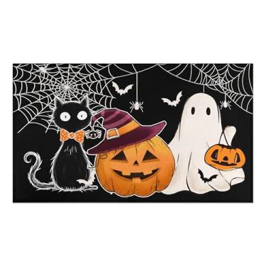Imagem de Tapete de porta de Halloween antiderrapante tapete de porta da frente assustador decoração de Halloween para casa, interior e exterior, tapete discreto gato abóbora bem-vindo capacho para decoração