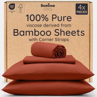 Imagem de Bambaw Conjunto completo de lençóis 100% viscose derivada de bambu – Conjunto de 4 peças de lençóis de cama de casal refrescantes e macios, com tiras elásticas nos cantos, roupa de cama para suores