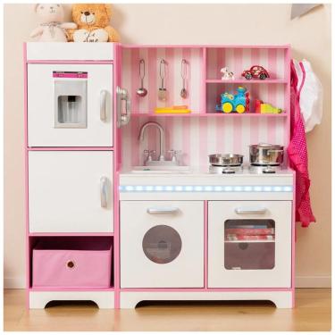 Imagem de Cozinha Infantil com Luzes, Caixa de Armazenamento, Máquina de Fazer Gelo, Forno, Fogão e Utensílios de Cozinha, HONEY JOY, Rosa