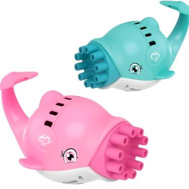 Imagem de Lançador de Bolhas Automático em Forma de Golfinho, Brinquedo Elétrico Infantil nas Cores Turquesa e Rosa, Máquina de Bolhas de Sabão com Design Kawaii