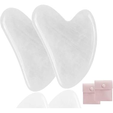 Imagem de 2 ferramentas faciais para Gua Sha, pedra de jade natural para Guasha, bastões de massagem manual para esculpir a linha do queixo e reduzir inchaço, ferramenta de massagem facial, ferramenta de