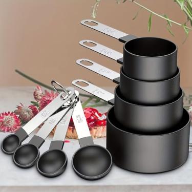 Imagem de Conjunto de 8 copos de medição e colheres, copos e colheres empilháveis, cabo de aço inoxidável com medidas, utensílios de cozinha para cozinhar e assar (preto)