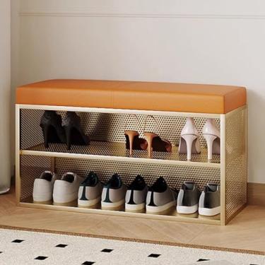 Imagem de Banco de armazenamento de sapatos de 3 níveis com assento acolchoado, moldura de metal preto/dourado resistente, organizador de entrada de couro PU, sapateira elegante para quarto e corredor