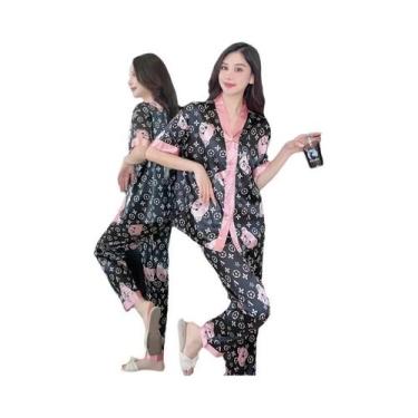 Imagem de Conjunto De Pijama Feminino De Verão Em Seda Gelada, Manga Curta, Caim