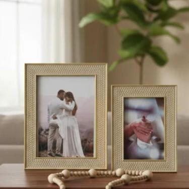 Imagem de Kit Porta Retrato 15X20 10X15 Texturizado Decoração Mesa Cor Bege e Do