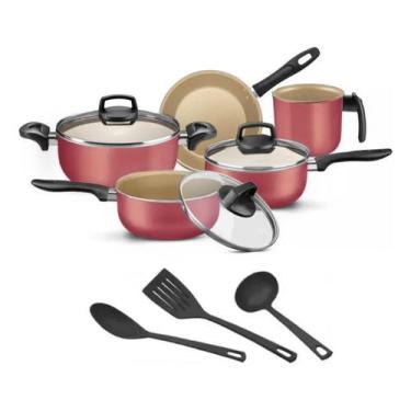 Imagem de Jogo De Panelas 8 Peças Teflon Antiaderente C Tampa De Vidro Cereja e 