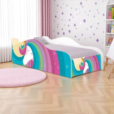 Imagem de Cama Infantil Solteiro Unicórnio Arco Íris com Grade de Proteção Madeira Branco Mobili