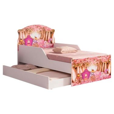 Imagem de Mini Cama Infantil Lívia com Cama Auxiliar Carruagem Mdf Rosa com Grade de Proteção Mil...