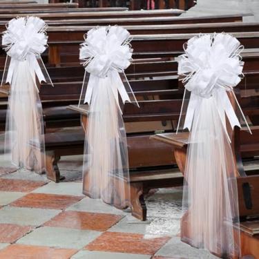 Imagem de Conjunto de 30 laços de banco de casamento com cauda longa de tule decorações de corredor de casamento decoração de corredor de igreja decoração de carro laços grandes para recepção de chá de panela