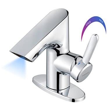 Imagem de GOESMO Torneira de banheiro com sensor automático, controle duplo de alça única, temperatura fria e quente ajustável e fluxo de água, modos de indução longos e curtos, torneira sem toque 1 ou 3 furos,