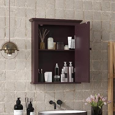 Imagem de HOMGX Armário de espelho de banheiro, armário montado na parede com porta espelhada, Shef ajustável, puxador redondo, armário de remédios de madeira para cozinha que economiza espaço (marrom)