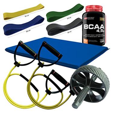 Imagem de Kit Treino Completo: Roda + Colchonete + 4x Rubber Band+ 2x Extensores + Bcaa 100g - Bodybuilders