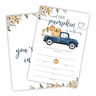 Imagem de Convites para chá de bebê, uma pequena abóbora está a caminho, conjunto de 25 convites de caminhão azul com envelopes para bebês meninos e meninas, revelação de gênero, festa de anúncio de bebê,