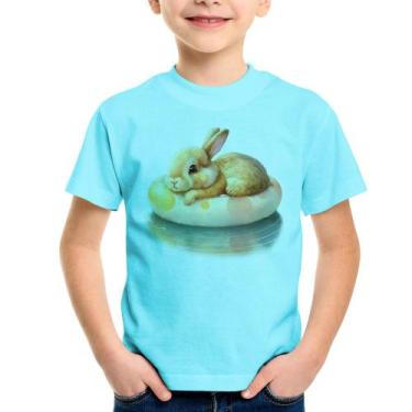 Imagem de Camiseta Infantil Coelhinho Relaxando Na Piscina  - Foca na Moda, Azul