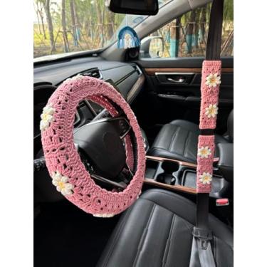 Imagem de Hosootan Capa de volante de carro margarida de crochê, linda capa de cinto de segurança, acessórios femininos para carro (capa de roda + 2 capas de cinto + arco-íris)