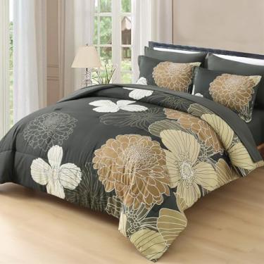 Imagem de Yiran Jogo de cama King cáqui, cinza, marrom, boêmio, 7 peças, floral, cama em uma bolsa, edredom de microfibra macia com lençol de cima, lençol de cima e fronhas