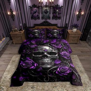 Imagem de Erosebridal Jogo de cama de caveira gótica para crianças, adolescentes, Halloween, gótico, king, vintage, vitoriano, romântico, rosa, floral, colcha assustadora, esqueleto, boêmio, terror, decoração