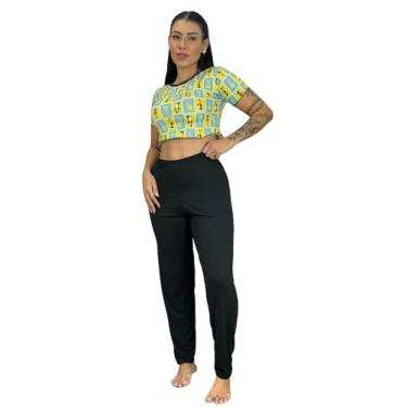 Imagem de Pijama Cropped Estampa Personagem Calça Lisa Confortável Adulto Moda N
