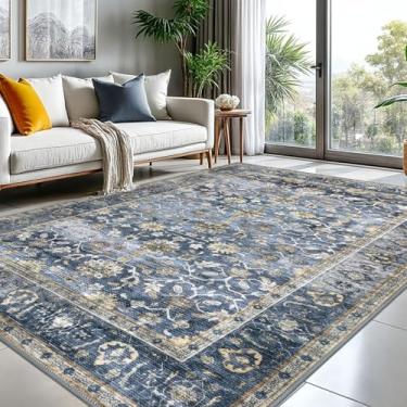 Imagem de KUTA Tapetes florais para sala de estar, 20 x 25 cm, azul, cinza, bege, lavável, grande para quarto, 2,4 m x 3 m, antiderrapante, camada baixa, ultrafino, macio, estampado, vintage, medalhão