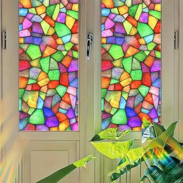 Imagem de Starlit Patio Película de vitral de mosaico colorido adesivo de janela de privacidade aderente estática sem cola, capa de painel de vidro decorativa para portas de cozinha, estúdio, entrada de casa