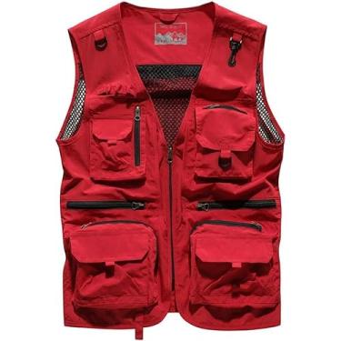 Imagem de Colete De Pesca Para Homens, 100% Algodão Colete De Secagem Rápida, Casual Vazado Fino, Colete Multi Bolso Para Fotografia De Viagem Ao Ar Livre Acampamento Caça, Red, 3XL